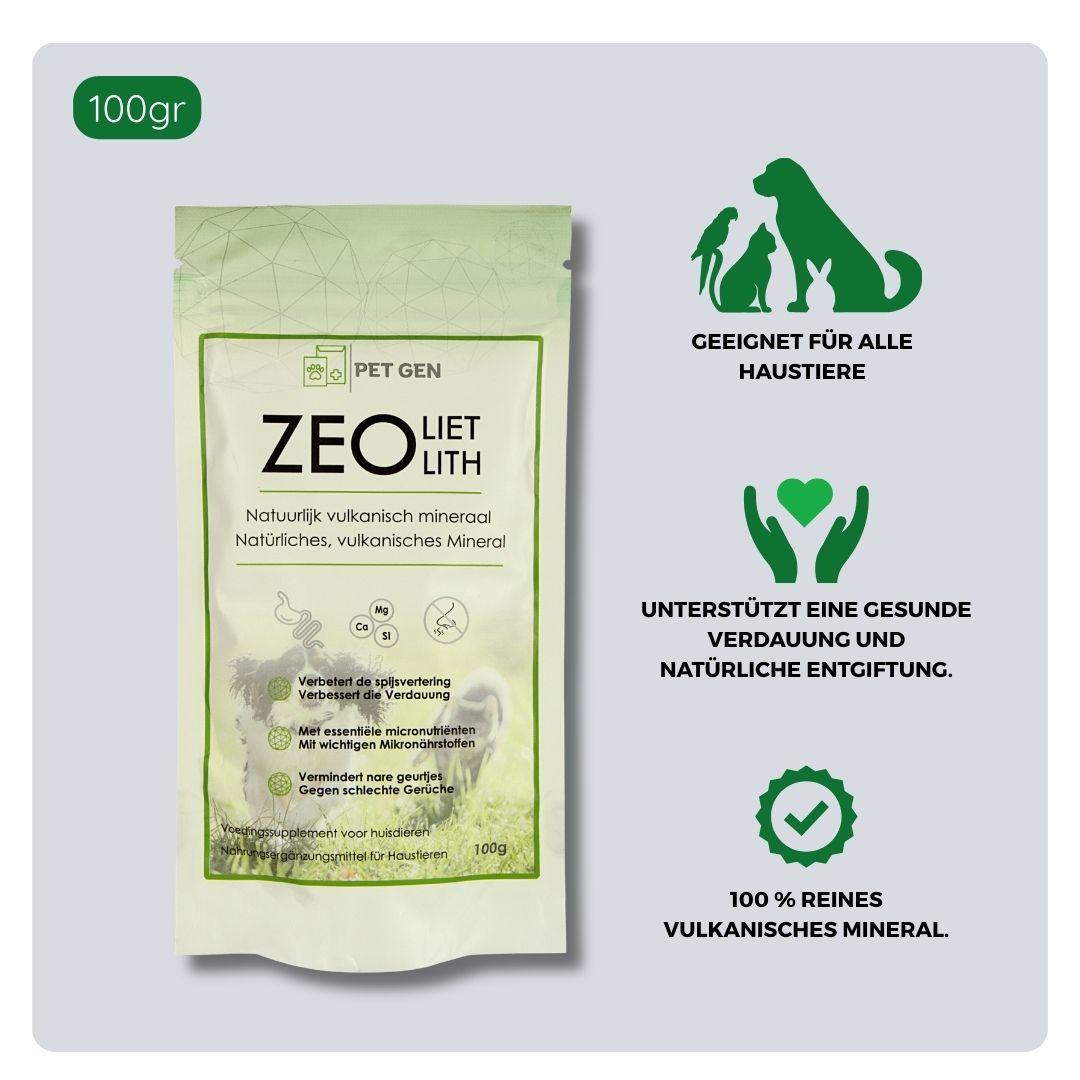 Übersicht über Inhaltsstoffe und Anwendung von Pet-Gen Zeolith 100 g – natürliches Zeolith zur Unterstützung der Verdauung, zur Bindung von Toxinen und zur Förderung eines regelmäßigen Stuhlgangs bei Hund und Katze.