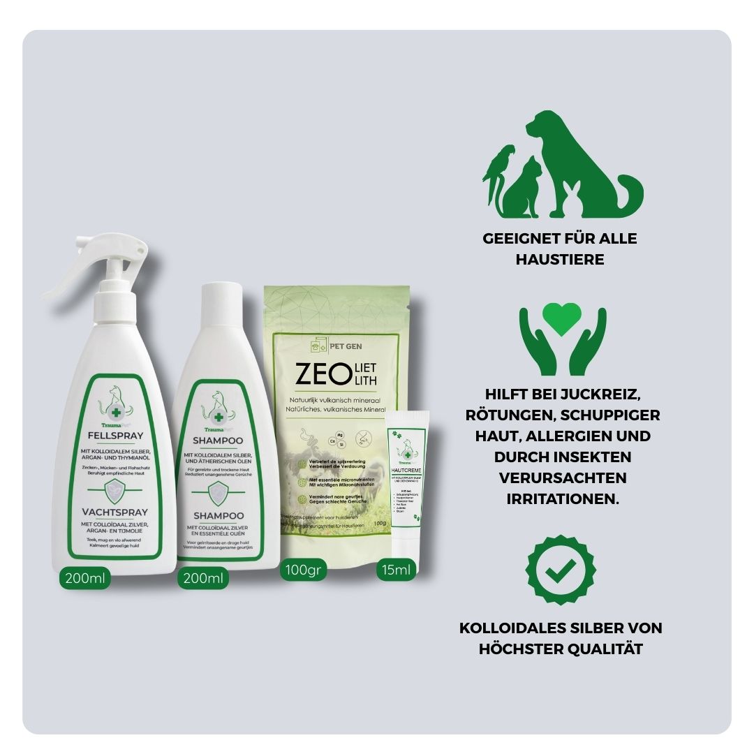 Übersicht über Inhalt und Anwendung des TraumaPet Anti-Juckreiz-Sets Z+: Kombination aus Hautpflege und innerer Unterstützung, geeignet bei Juckreiz, Rötungen, empfindlicher Haut und wiederkehrenden Hautproblemen bei Hund und Katze.