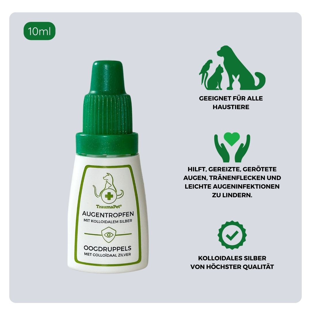 Übersicht über Inhaltsstoffe und Anwendung der TraumaPet Augentropfen mit kolloidalem Silber, geeignet bei Rötungen, tränenden Augen, leichten Entzündungen, Verschmutzungen und zur Unterstützung gesunder Augen bei Hund und Katze.