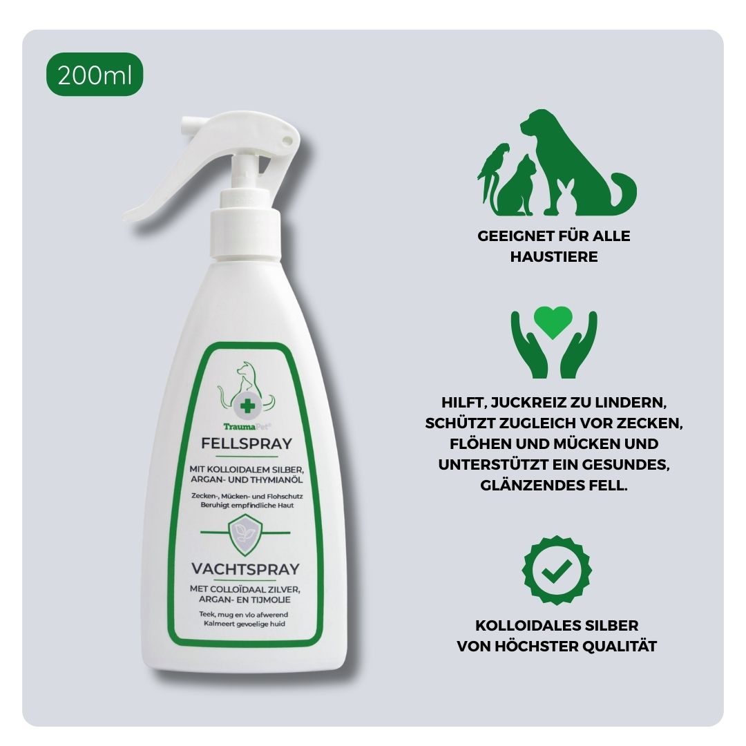 Übersicht über Inhaltsstoffe und Anwendung des TraumaPet Fellsprays mit natürlichen insektenabwehrenden Wirkstoffen, geeignet zum Schutz vor Zecken, Mücken und Flöhen sowie zur Pflege eines gesunden, empfindlichen Fells.