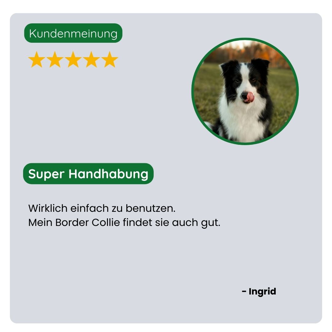 Kundin/Kunde teilt positive Erfahrungen mit der TraumaPet Fingerzahnbürste: einfach in der Anwendung, bessere Kontrolle beim Putzen und weniger Stress für das Haustier.