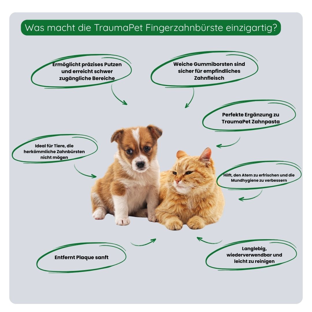 Übersicht der Vorteile der TraumaPet Fingerzahnbürste: präzise Reinigung, sanft zu empfindlichem Zahnfleisch, ideal zur Gewöhnung an das Zähneputzen und für den täglichen Gebrauch geeignet.