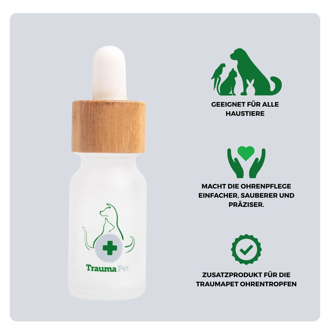 Übersicht über Material und Anwendung der TraumaPet Pipette. Aus Glas gefertigt, geeignet für die präzise Dosierung von Ohrentropfen und die komfortable Anwendung bei empfindlichen Ohren von Haustieren.