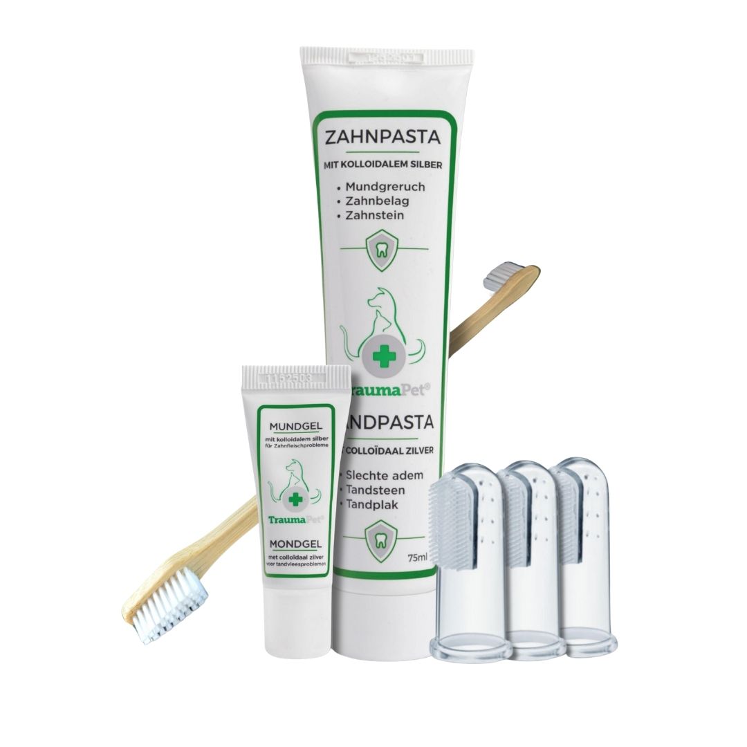 TraumaPet Zahnpflege-Set für Hund und Katze: komplettes Set für die tägliche Mundhygiene mit Zahnpasta, Mundgel und Zahnbürsten für saubere Zähne und gesundes Zahnfleisch.