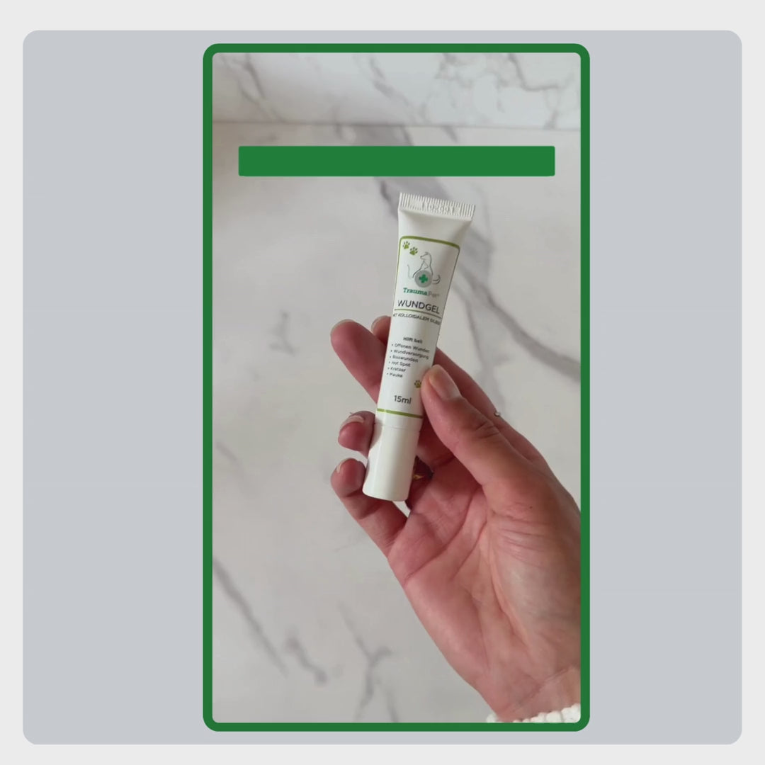 Video mit Erklärung zur Anwendung des TraumaPet Wundgels: Wunde reinigen, Gel in einer 2–3 mm dicken Schicht auftragen und wenn möglich abdecken.