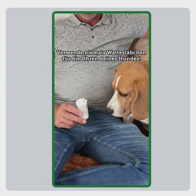 Schritt-für-Schritt-Video zur Anwendung der TraumaPet Ohrentropfen: Reinigen, 10–20 Tropfen auftragen, einmassieren und überschüssige Flüssigkeit abwischen.