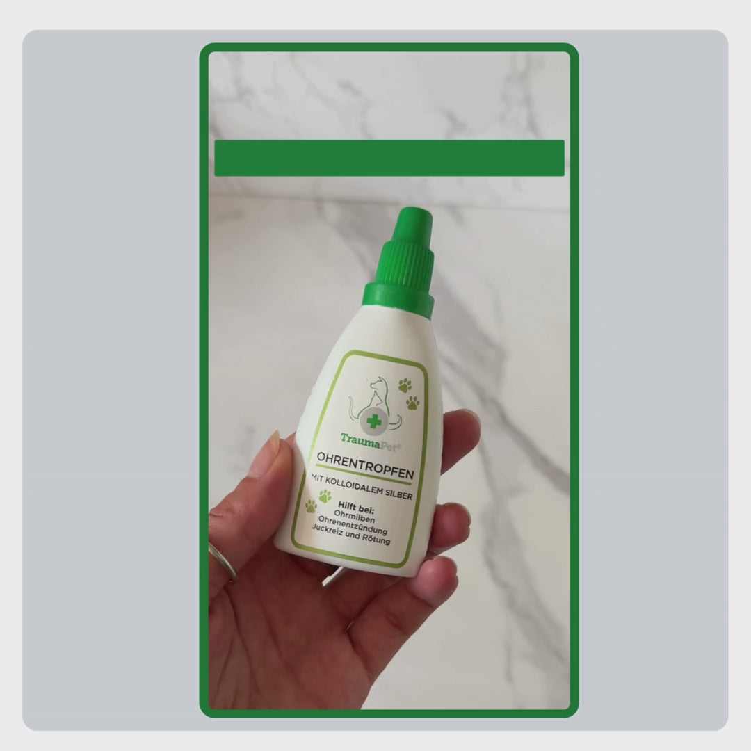 Erklärung zur korrekten Anwendung der TraumaPet Ohrentropfen: Reinigung mit TraumaPet Wet Wipes, Tropfen ins Ohr geben und sanft einmassieren.