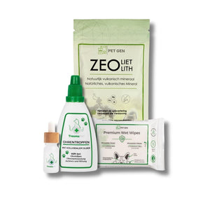 TraumaPet Anti-Juckreiz-Set: Ohr für Hund und Katze: komplettes Ohrenpflege-Set mit Ohrentropfen, Pipette, Premium Wet Wipes und Zeolith für juckfreie, gesunde Ohren.