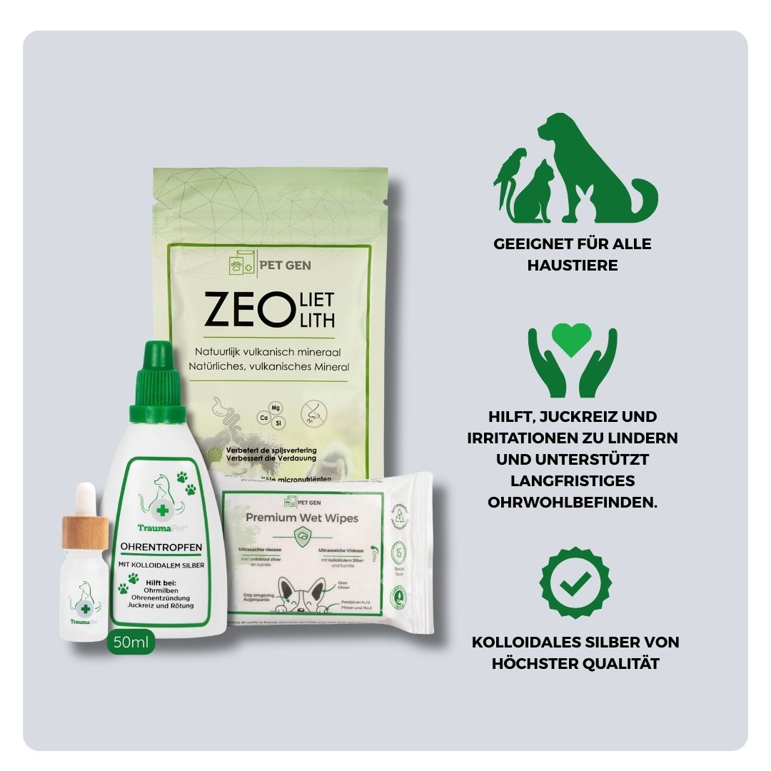 Übersicht über Inhalt und Anwendung des TraumaPet Anti-Juckreiz-Sets: Ohr: Kombination aus äußerer Ohrenpflege und innerer Unterstützung, geeignet bei Juckreiz, Rötungen, Ohrenschmalz und wiederkehrenden Ohrenproblemen bei Hund und Katze.