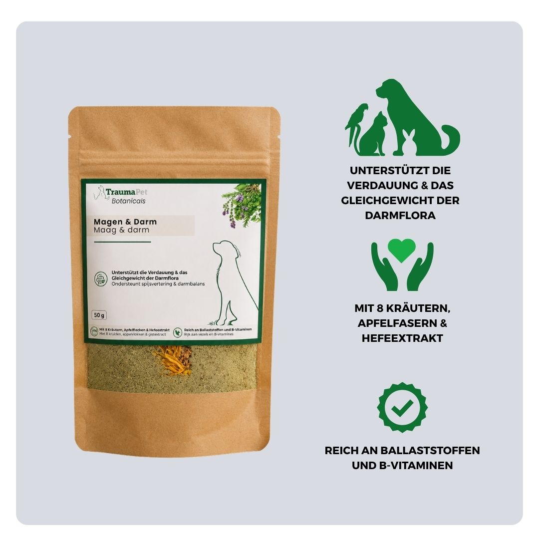 Inhaltsstoffe und Anwendung von TraumaPet Botanicals Magen & Darm zur Unterstützung der Verdauung und Darmgesundheit