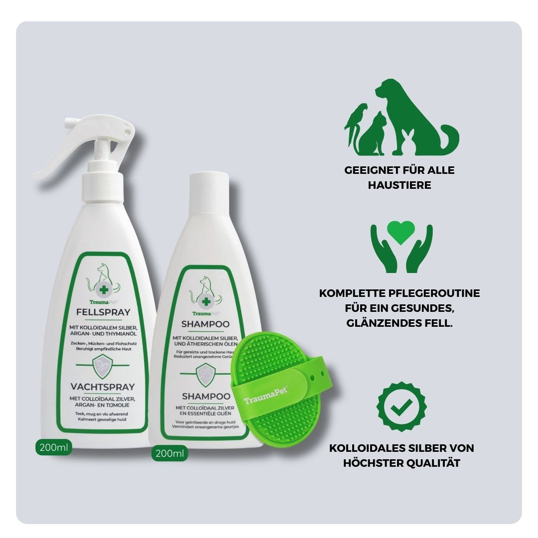 Übersicht über Inhalt und Anwendung des TraumaPet Fellpflege-Sets: Kombination aus milder Reinigung, natürlichem Schutz vor Insekten und sanfter Fellpflege, geeignet für alle Felltypen und empfindliche Haut bei Hund und Katze.