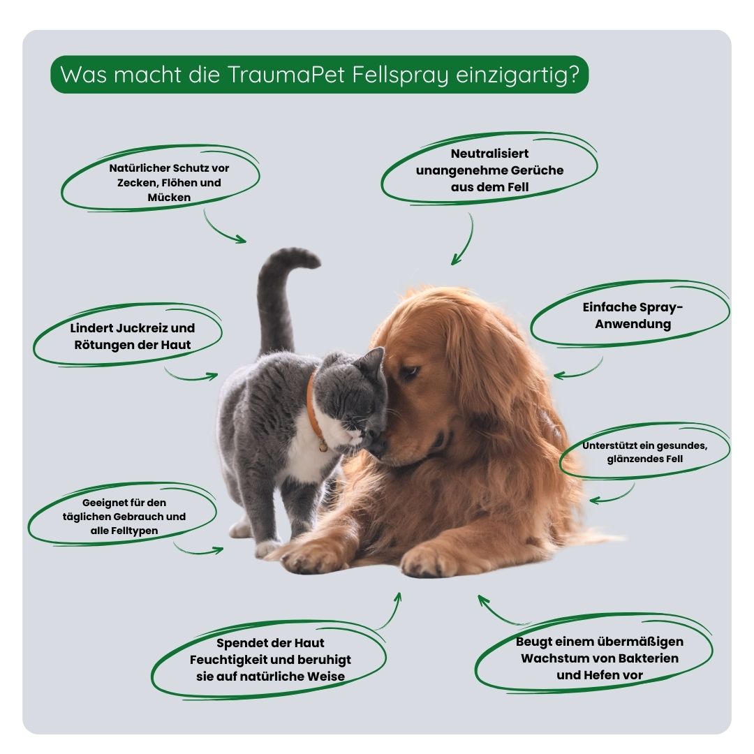 Übersicht der Vorteile des TraumaPet Fellsprays, natürlicher Insektenschutz, Fellpflege, Unterstützung empfindlicher Haut und Reduzierung von Reizungen.