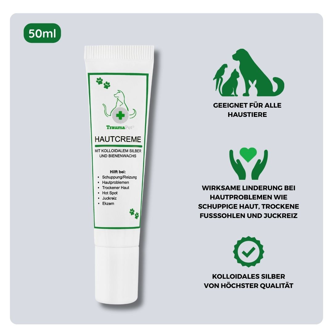 Übersicht über Inhaltsstoffe und Anwendung der TraumaPet Hautcreme 50 ml: enthält kolloidales Silber und Bienenwachs, ideal für die langfristige Anwendung bei Juckreiz, Rötungen, trockener Haut, Hautfalten und zur Unterstützung einer starken Hautbarriere bei Hund und Katze.