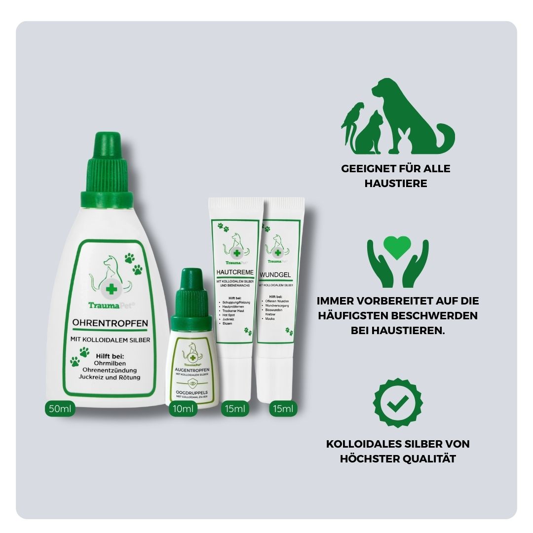 Übersicht über Inhalt und Anwendung des TraumaPet Must-have Sets: 4 essentielle Produkte für Ohren-, Augen-, Haut- und Wundpflege, geeignet für schnelle Linderung und tägliche Tierpflege bei Hund und Katze.