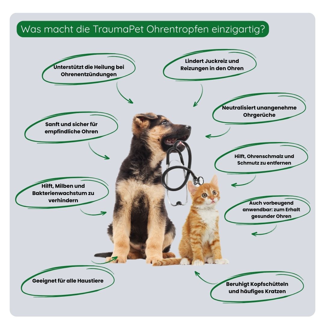 Übersicht der Vorteile der TraumaPet Ohrentropfen: lindern Juckreiz, entfernen Ohrenschmalz und beugen Milben sowie Bakterienwachstum bei Haustieren vor.