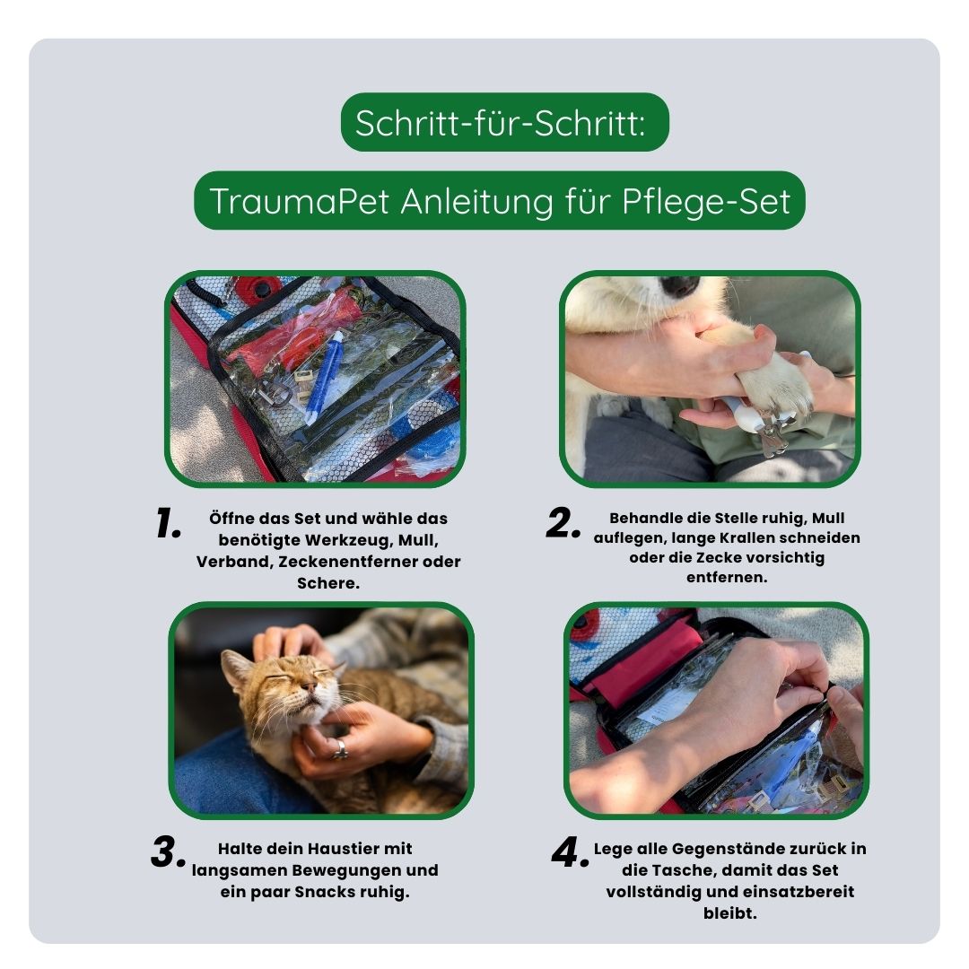 Schritt-für-Schritt-Anleitung zur korrekten Anwendung des TraumaPet Pflegesets: passendes Hilfsmittel auswählen, Pflege anwenden und sicher in der kompakten Tasche verstauen.