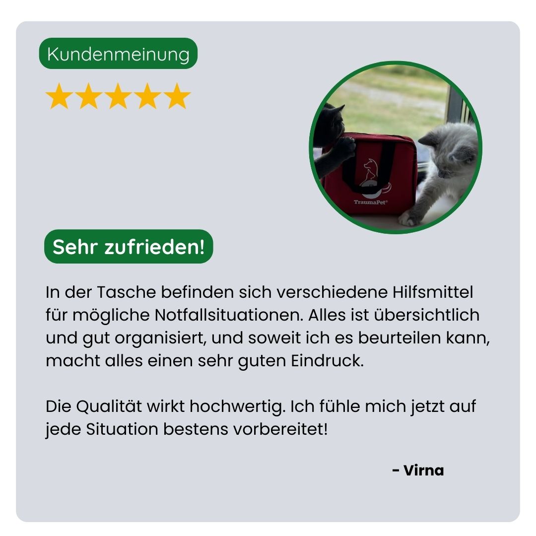 Kundin teilt ihre positive Erfahrung mit dem TraumaPet Pflegeset: immer vorbereitet auf kleine Verletzungen, praktische Tools und ideal für zu Hause und auf Reisen.
