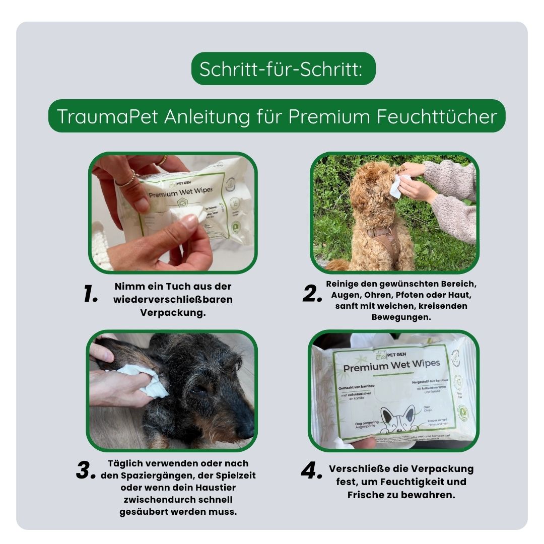 Schritt-für-Schritt-Anleitung zur korrekten Anwendung der TraumaPet Premium Feuchttücher: Tuch entnehmen, die zu reinigende Stelle sanft abwischen und bei Bedarf wiederholen.