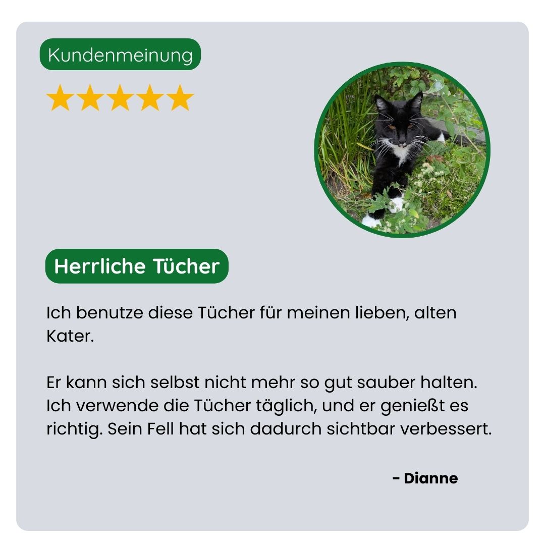 Kundin teilt ihre positive Erfahrung mit TraumaPet Premium Feuchttücher: schnelle und sanfte Reinigung, weniger Irritationen und ideal für den täglichen Gebrauch.