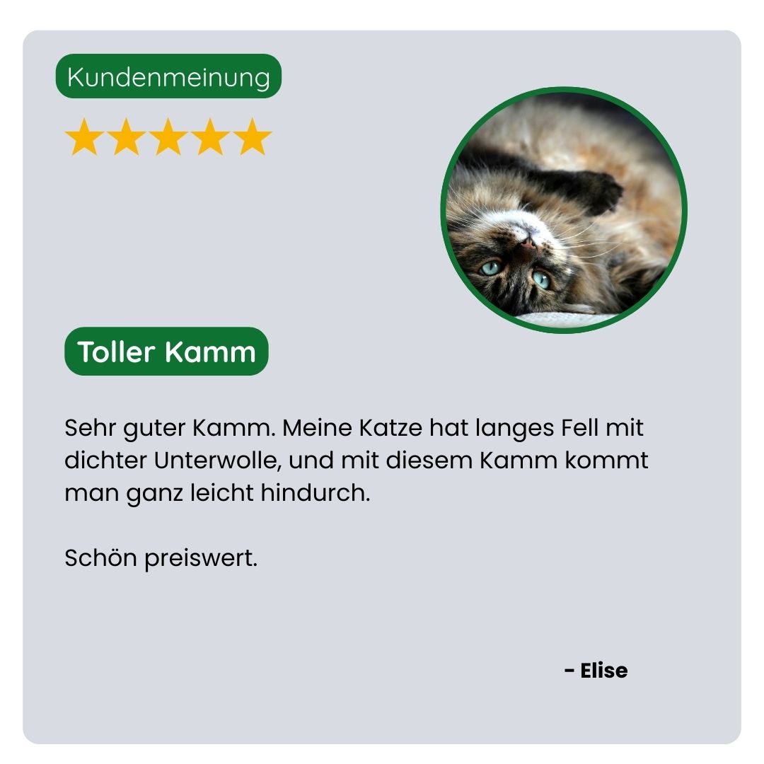 Kundin teilt ihre positive Erfahrung mit dem TraumaPet Unterhaarkamm: weniger Haarverlust, weniger Verfilzungen und ein sichtbar gesünderes Fell bei ihrem Haustier.